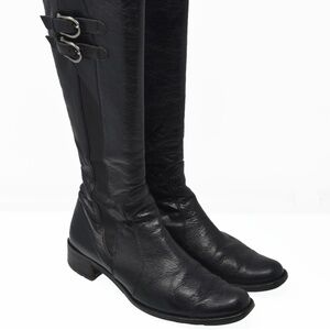 Women's Black Leather Paul Green Tall Leather Double Buckle Riding Boots Sz 7